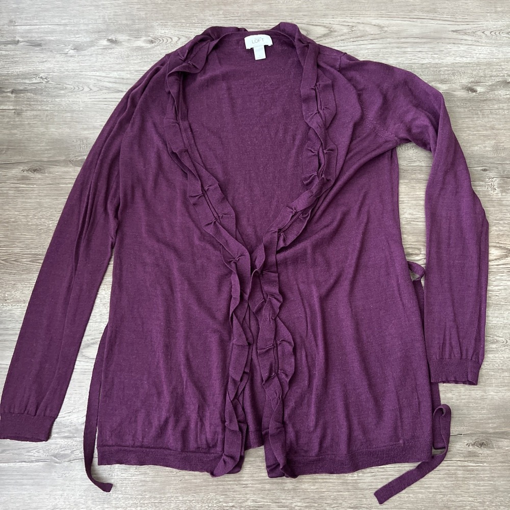 LOFT Ruffle Trim Tie-Belt Open Front Cardigan Womens L Purple Wool Blend